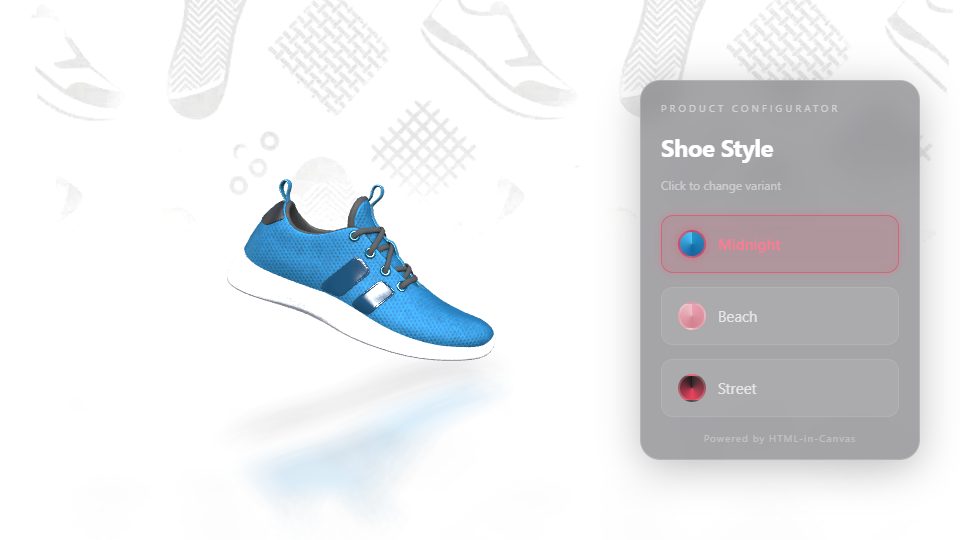 A blue running shoe beside a panel of style options